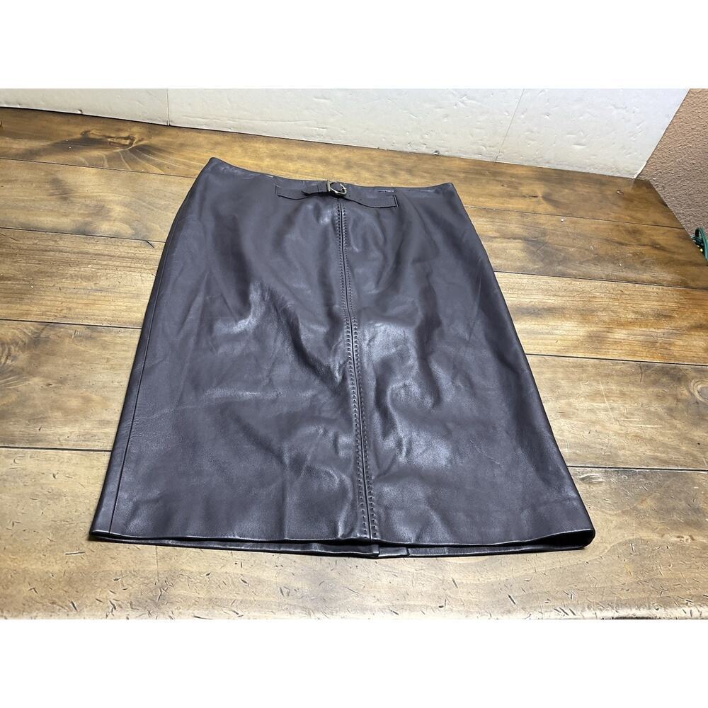 SALVATORE FERRAGAMO Brown Leather Midi Skirt IT46 US12 Made in Italy